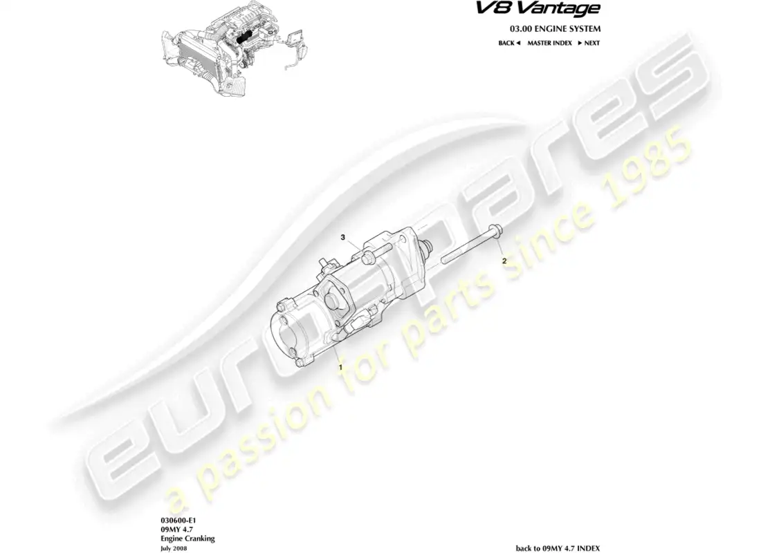 aston martin v8 vantage (2008) diagrama de piezas del motor de arranque
