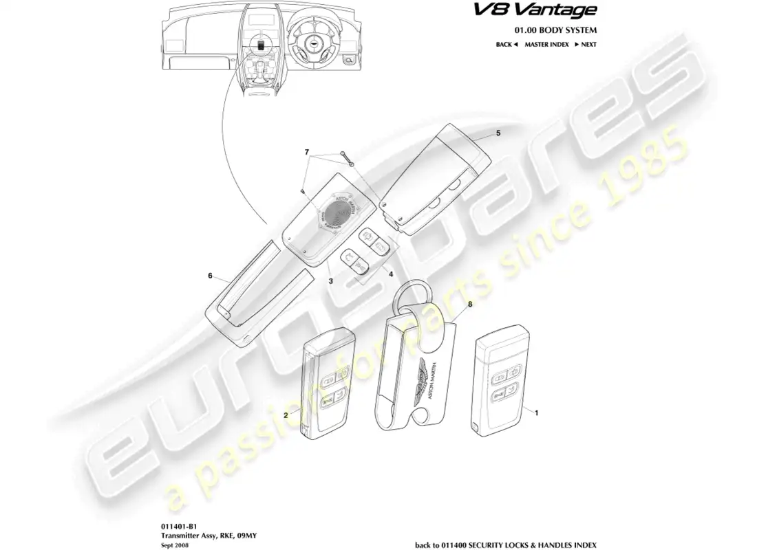 aston martin v8 vantage (2008) transmisor, rke, diagrama de pieza 09my