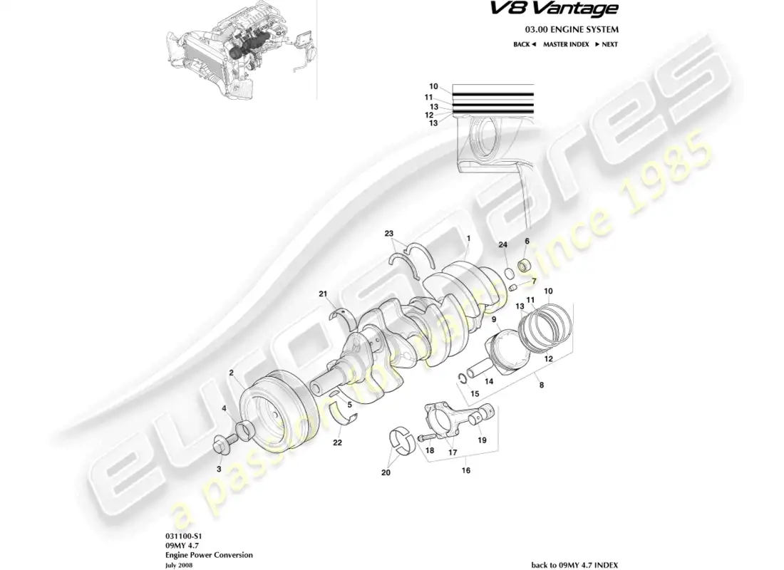 aston martin v8 vantage (2008) diagrama de piezas de conversión de energía