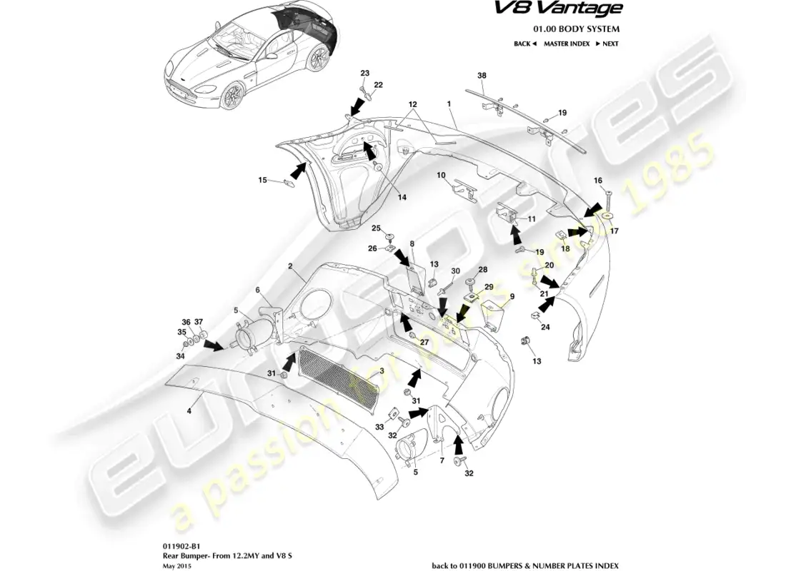 aston martin v8 vantage (2008) parachoques trasero, 12.25my en y v8s diagrama de piezas