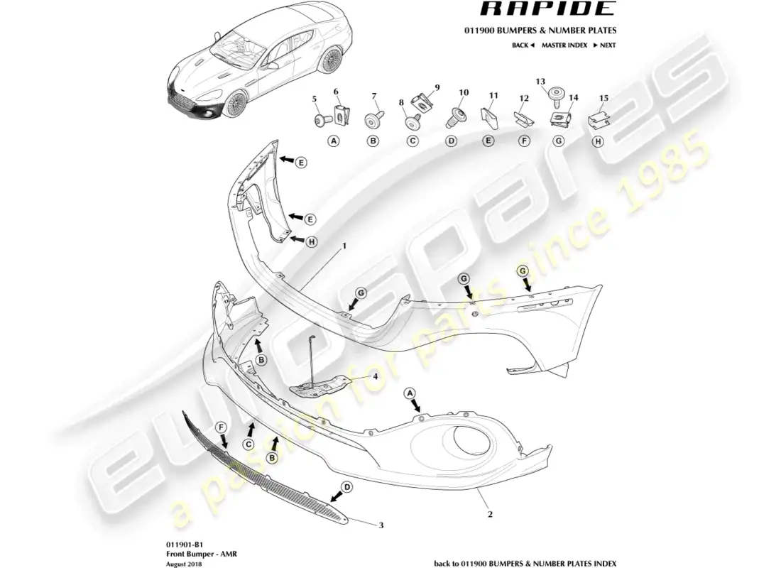 aston martin rapide (2017) parachoques delantero, amr diagrama de piezas
