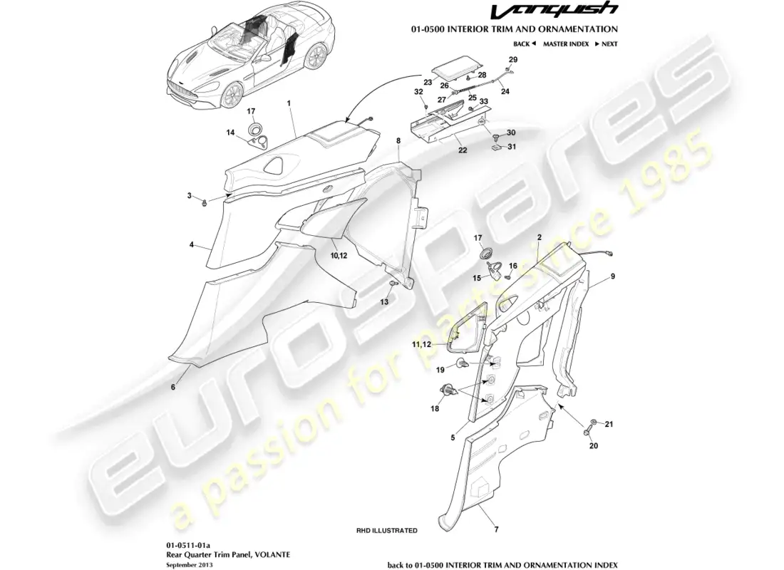aston martin vanquish (2018) panel embellecedor del cuarto trasero, volante diagrama de piezas