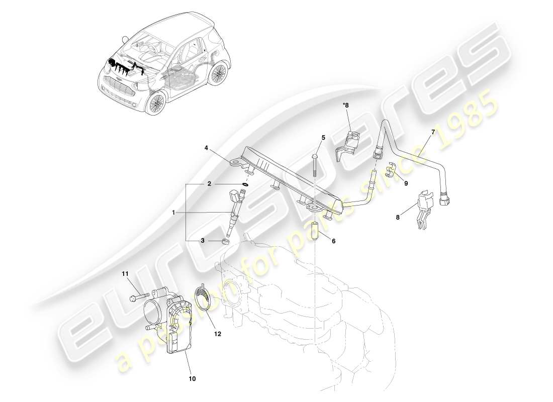 aston martin cygnet (2012) diagrama de piezas del sistema de inyección de combustible