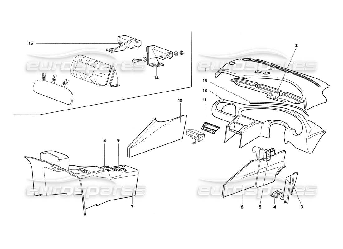 lamborghini diablo 6.0 (2001) diagrama de piezas de los adornos del compartimiento del pasajero