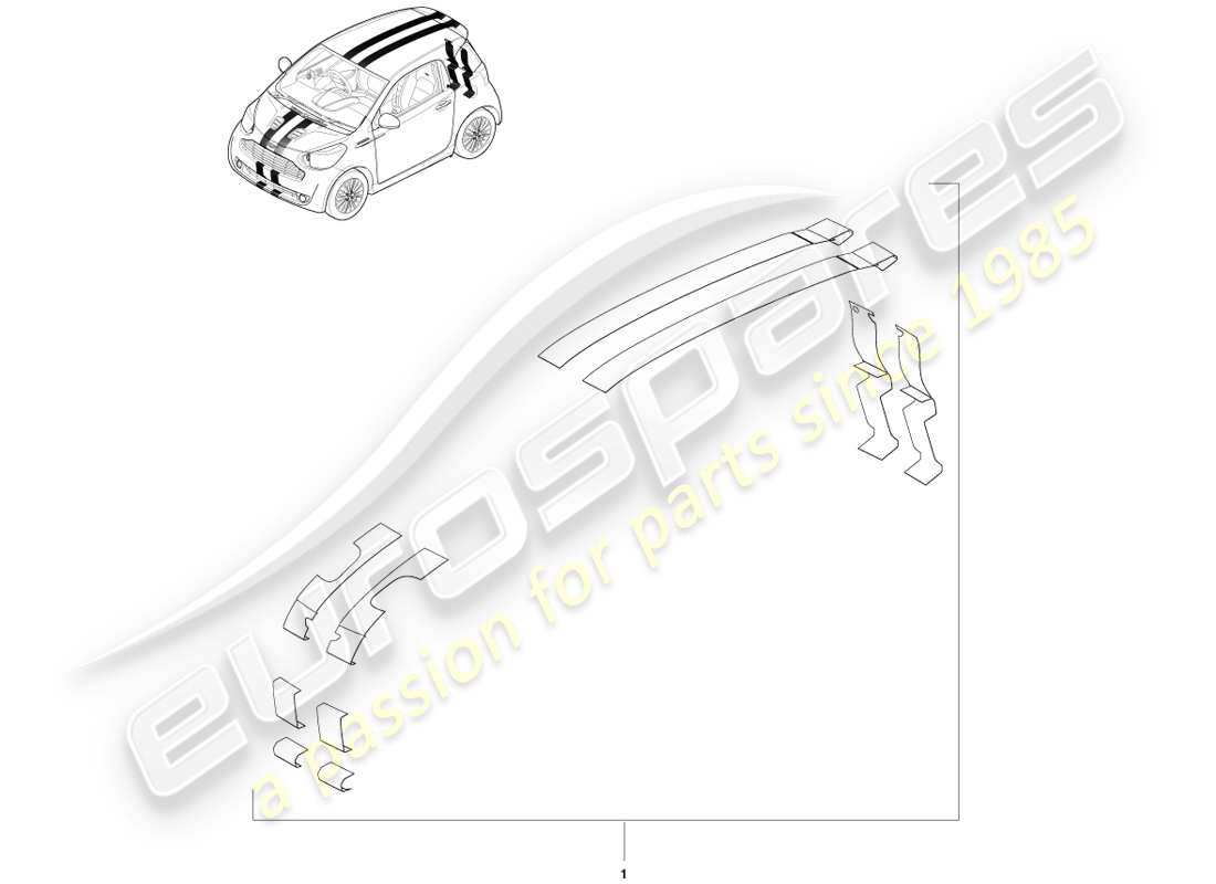 aston martin cygnet (2012) diagrama de piezas de calcomanías para techo