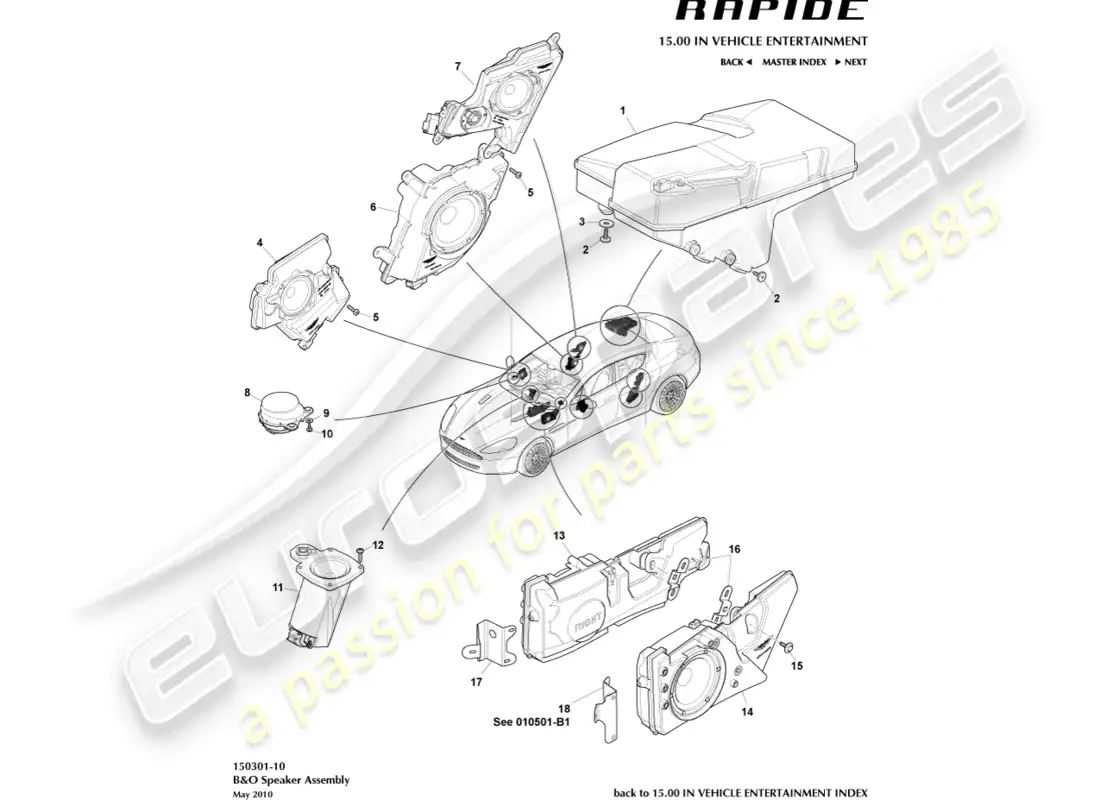 aston martin rapide (2013) altavoces, b&o diagrama de piezas