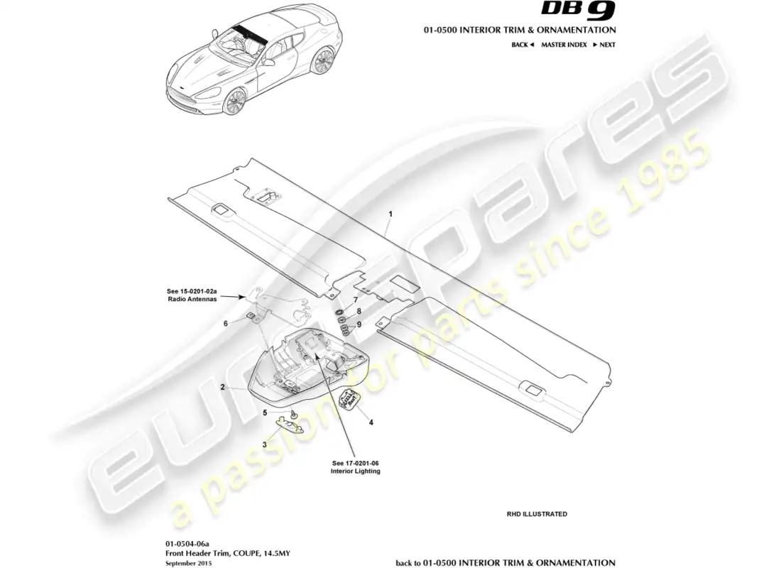 aston martin db9 (2013) embellecedor del encabezado delantero, cupé, 14.5my diagrama de piezas