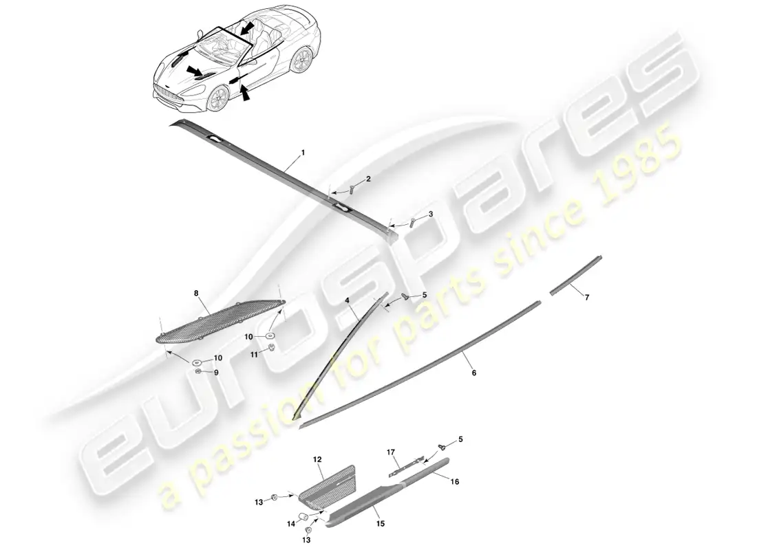 aston martin vanquish (2014) acabados exteriores superiores, volante diagrama de piezas