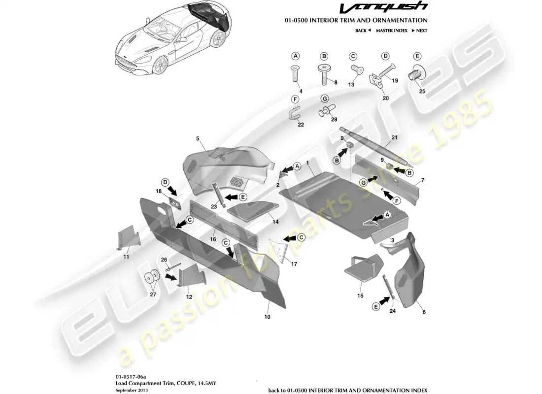 aston martin vanquish (2017) embellecedor del compartimento de carga, cupé 14.5my diagrama de piezas