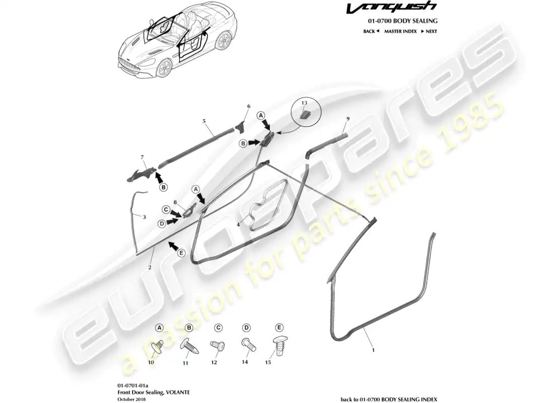 aston martin vanquish (2015) burletes para puertas, volante diagrama de piezas