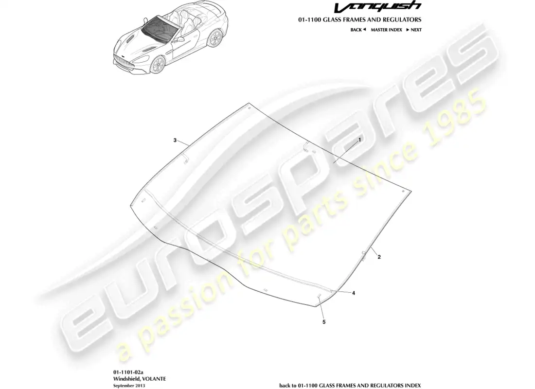 aston martin vanquish (2016) parabrisas, volante diagrama de piezas