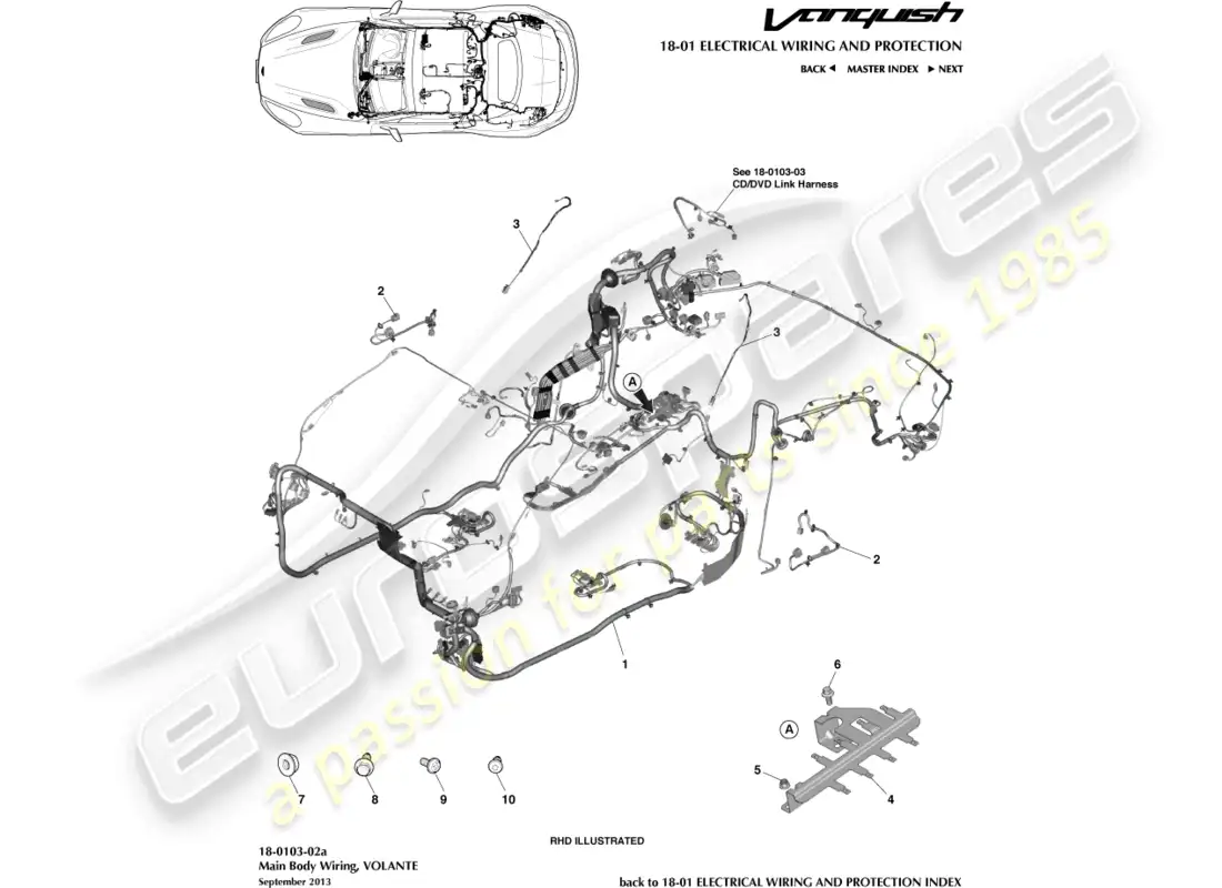 aston martin vanquish (2016) arnés corporal, volante diagrama de piezas