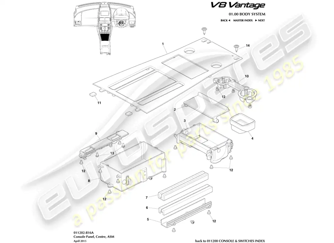 aston martin v8 vantage (2008) consola frontal, asm, diagrama de pieza 16my