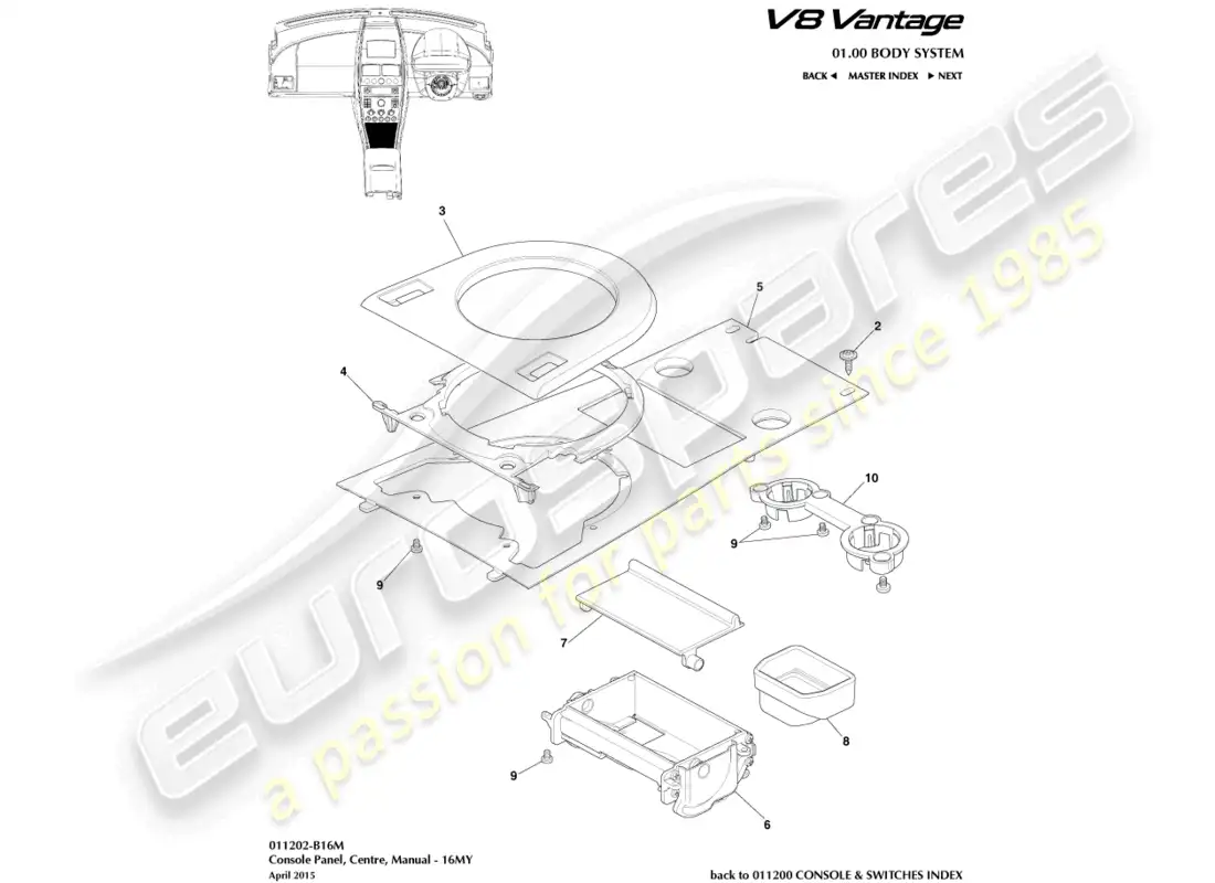 aston martin v8 vantage (2008) consola delantera, manual, 16my diagrama de piezas
