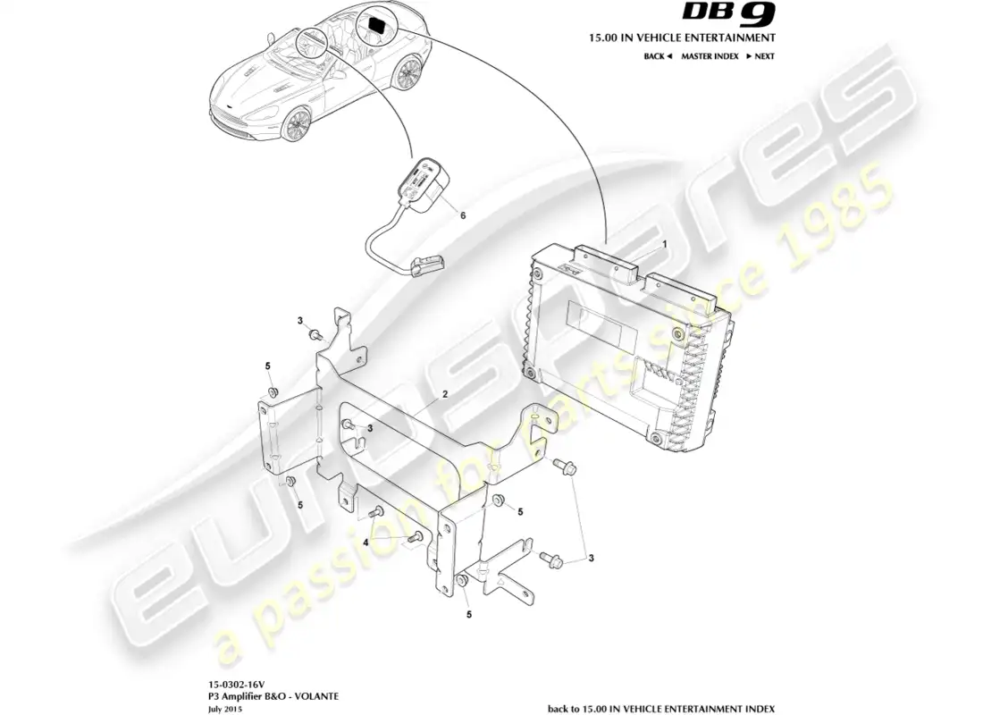 aston martin db9 (2017) p3 amplificadores, b&o, 16my, volante diagrama de piezas