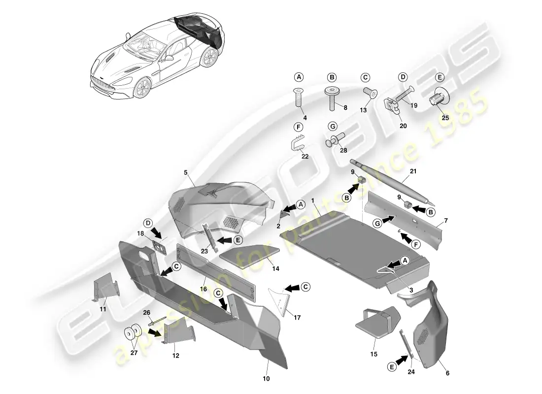aston martin vanquish (2014) embellecedor del compartimento de carga, cupé 14.5my diagrama de piezas