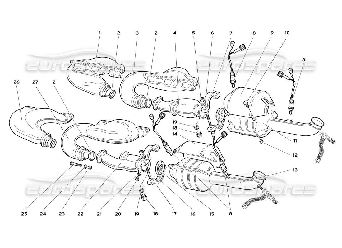 lamborghini diablo sv (1999) diagrama de piezas del sistema de escape (válido para ee. uu. y canadá, 1999 de julio)