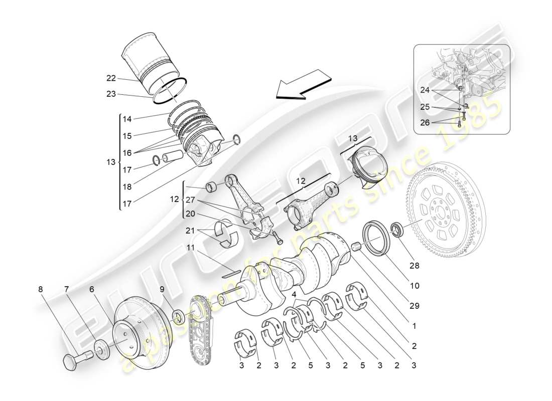 maserati granturismo (2011) diagrama de piezas del mecanismo de manivela