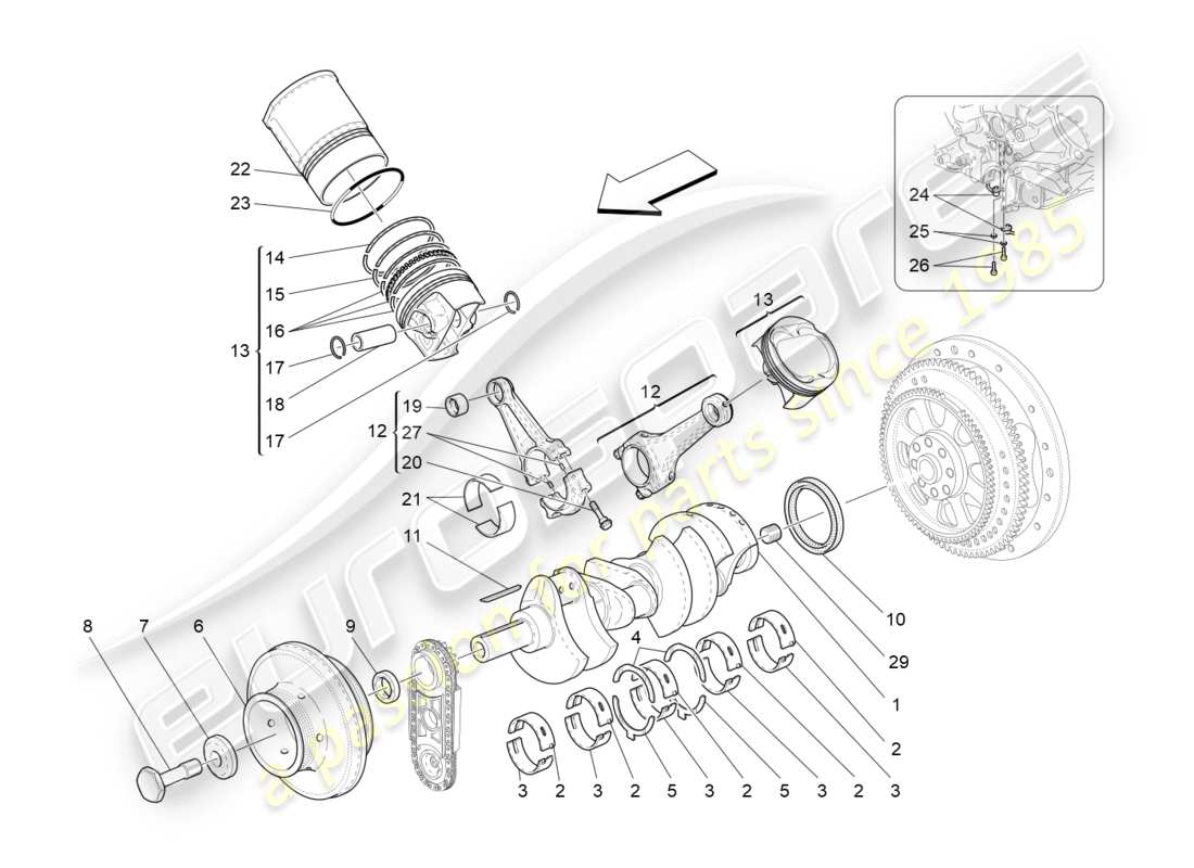 maserati granturismo (2011) diagrama de piezas del mecanismo de manivela