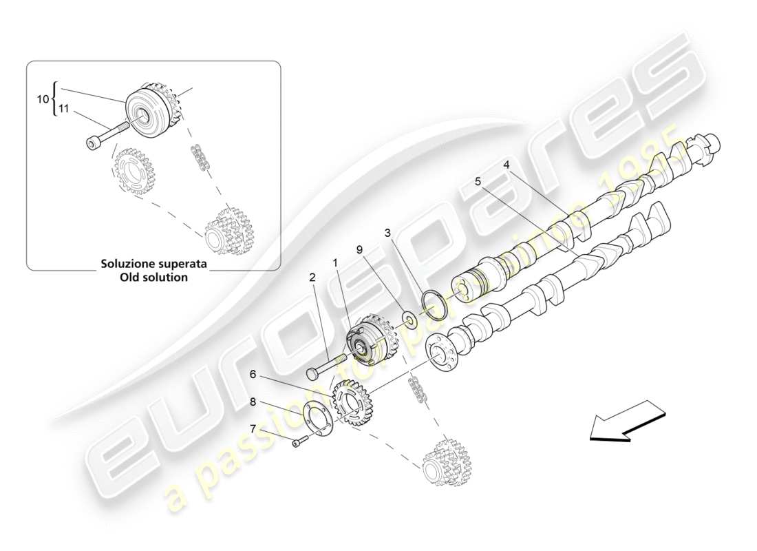 maserati granturismo (2011) diagrama de piezas de los árboles de levas de la culata del cilindro derecho