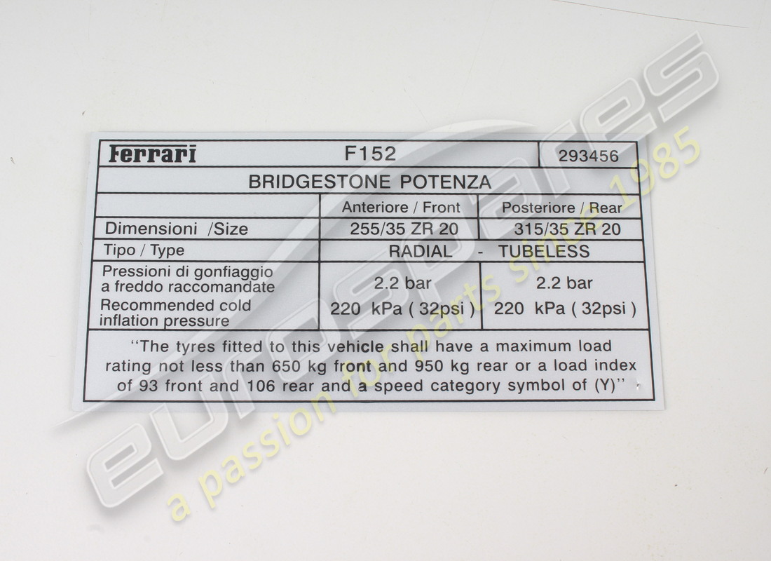 nueva etiqueta de presión de neumáticos ferrari, bridg.. número de pieza 293456 (1)