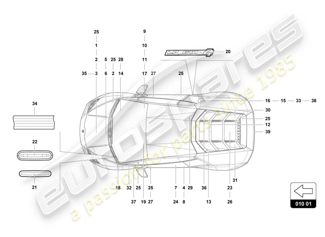 lamborghini 2019 (performante spyder) inscripciones/letras diagrama de piezas