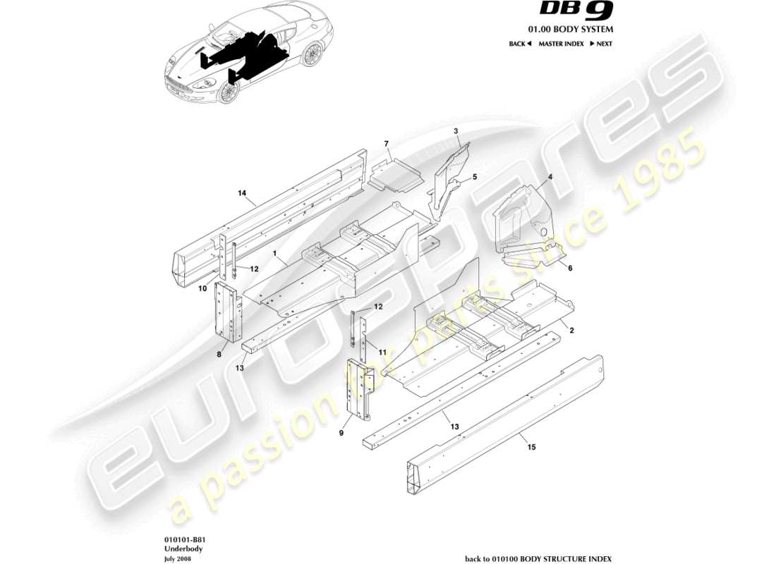 aston martin db9 (2007) diagrama de piezas de la parte de abajo